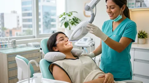 Tratamiento profesional de blanqueamiento dental en clínica moderna